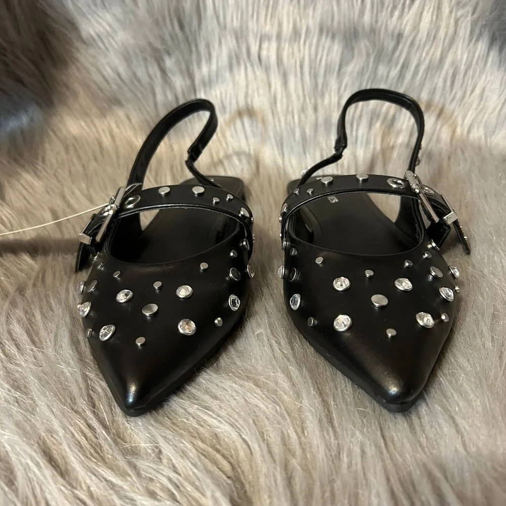 No Boundaries Studded Sling Back Flats Womens Size 8 Black Shoes Adjustable